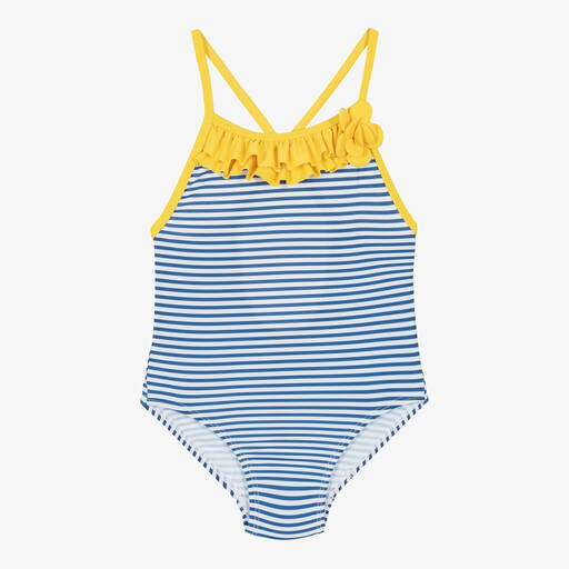 Tutto Piccolo-Girls Navy Blue & White Striped Swimsuit | Childrensalon Outlet