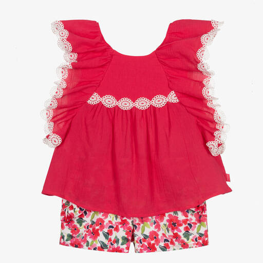 Tutto Piccolo-Girls Pink Cotton Floral Shorts Set | Childrensalon Outlet