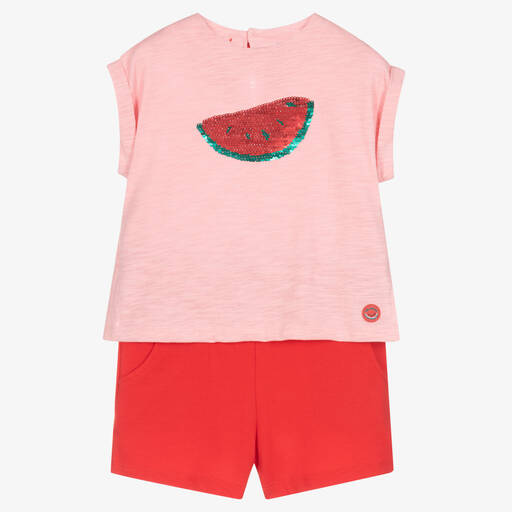Tutto Piccolo-Girls Pink Cotton Watermelon Shorts Set | Childrensalon Outlet