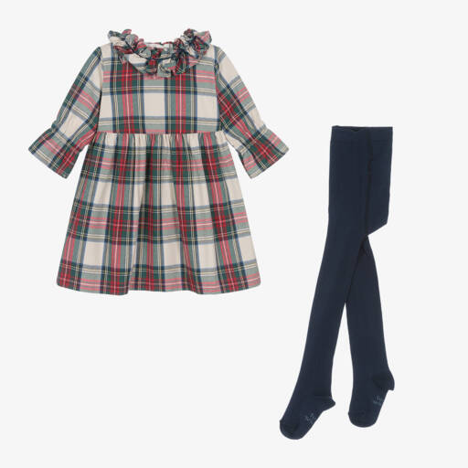Tutto Piccolo-طقم فستان تارتان قطن لون أخضر وأحمر | Childrensalon Outlet