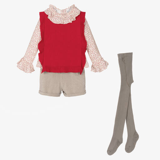 Tutto Piccolo-Girls Red & Beige Cherry Shorts Set | Childrensalon Outlet
