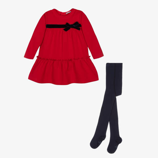 Tutto Piccolo-طقم فستان بفيونكة مخمل لون أحمر وأزرق | Childrensalon Outlet
