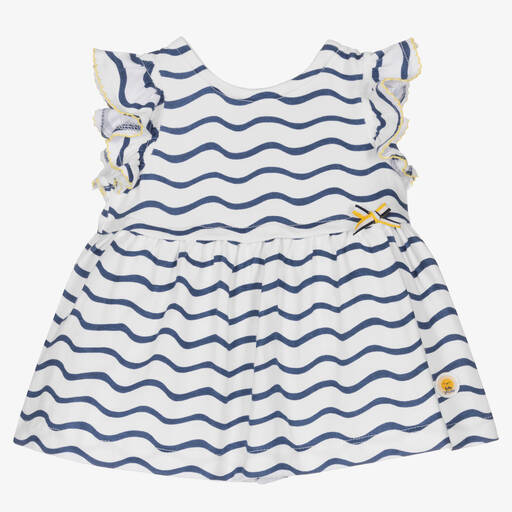 Tutto Piccolo-Girls White & Blue Stripe Cotton Dress | Childrensalon Outlet