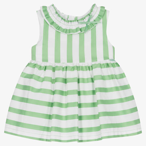 Tutto Piccolo-Girls White & Green Stripe Cotton Dress | Childrensalon Outlet