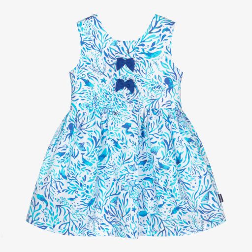 Tutto Piccolo-White & Blue Cotton Dress | Childrensalon Outlet