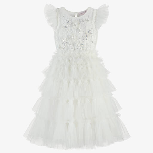 Tutu du Monde-Girls White Beaded Long Tulle Dress | Childrensalon Outlet
