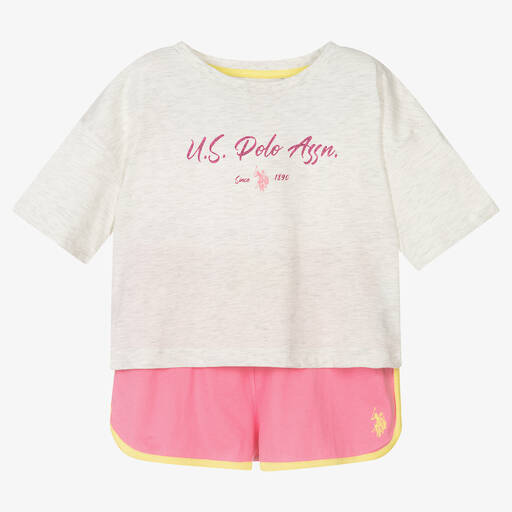 U.S. Polo Assn.-Girls Pink & Grey Shorts Set | Childrensalon Outlet