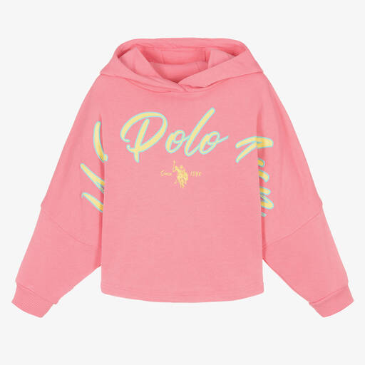 U.S. Polo Assn.-Girls Pink & Yellow Cotton Hooded Top | Childrensalon Outlet