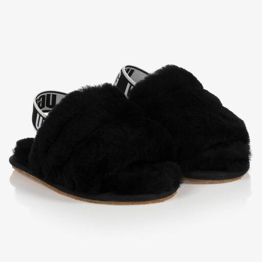 UGG-Girls Black Sheepskin Sliders | Childrensalon Outlet