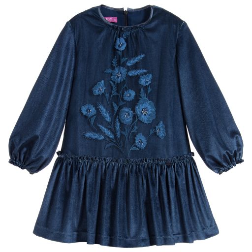 ValMax-Blue Embroidered Velour Dress | Childrensalon Outlet