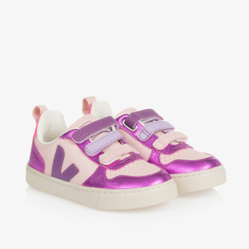 VEJA-Girls Pink & Purple V-10 Leather Trainers | Childrensalon Outlet