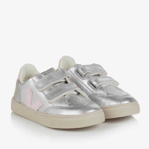 VEJA-Girls Silver & Pink Leather V-12 Trainers | Childrensalon Outlet