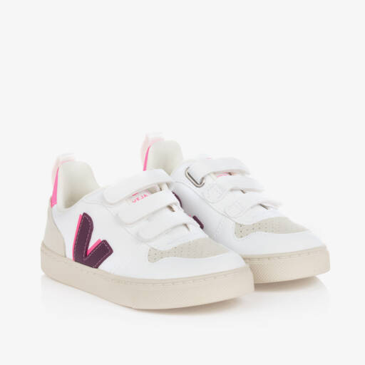 VEJA-Girls White & Purple Faux Leather V-10 Trainers | Childrensalon Outlet