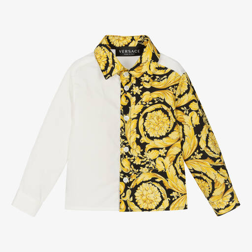 Versace-قميص بطبعة باروك قطن بوبلين لون أبيض | Childrensalon Outlet