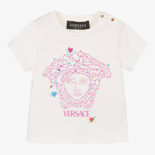 Versace-تيشيرت أطفال بناتي قطن لون أبيض بطبعة ميدوسا | Childrensalon Outlet