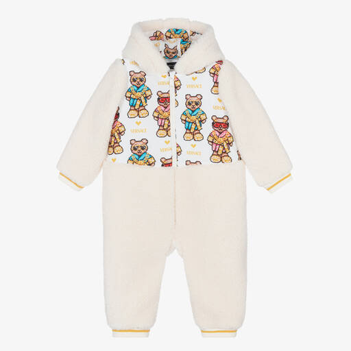 Versace-Beige Hooded Fleece Teddy Pramsuit | Childrensalon Outlet