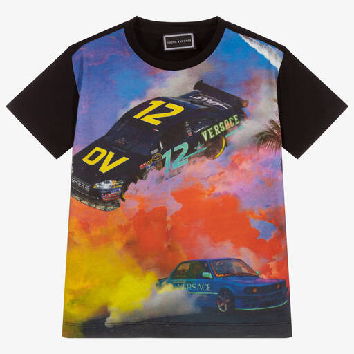 Versace-Black Car Print Cotton T-Shirt | Childrensalon Outlet
