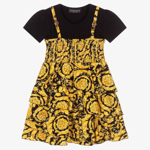 Versace-فستان قطن جيرسي لون أسود وذهبي | Childrensalon Outlet