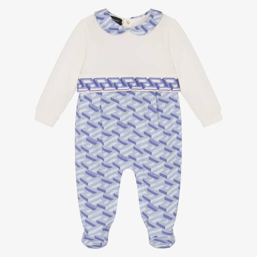 Versace-Blue & Ivory Logo Babygrow | Childrensalon Outlet