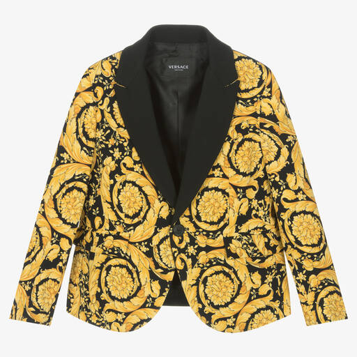 Versace-جاكيت بلايزر بطبعة باروك فيسكوز لون أسود وذهبي | Childrensalon Outlet