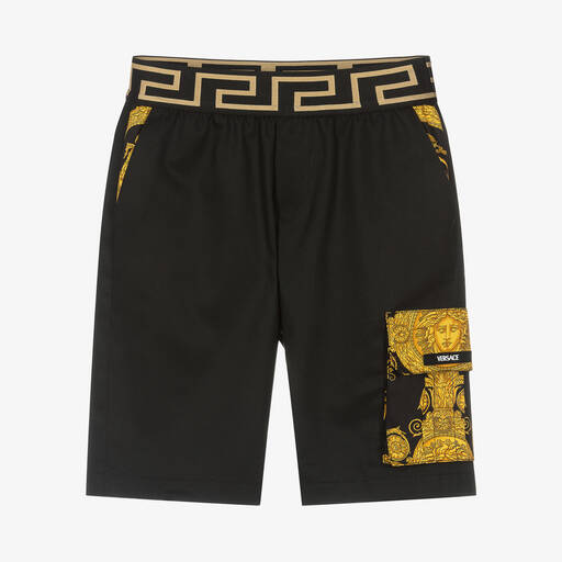 Versace-شورت قطن بوبلين لون أسود وذهبي بطبعة الباروك | Childrensalon Outlet