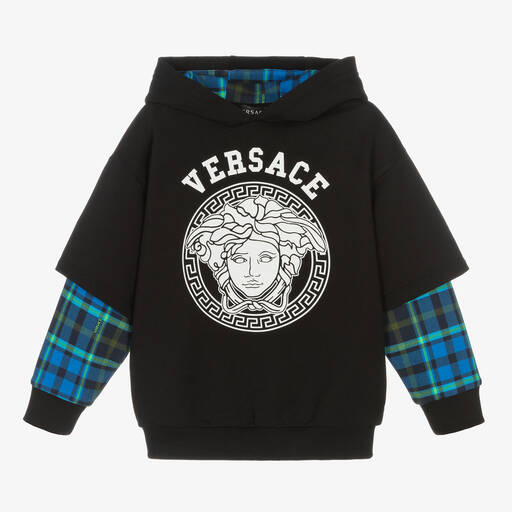 Versace-Boys Black & Tartan Cotton Hoodie | Childrensalon Outlet