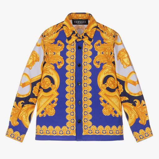 Versace-قميص قطن بوبلين لون أزرق وذهبي بطبعة الباروك | Childrensalon Outlet