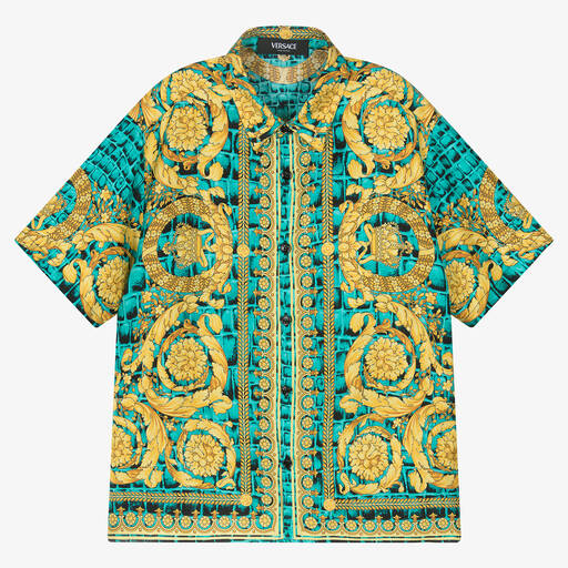Versace-Boys Blue & Gold Silk Barocco Crocodile Shirt | Childrensalon Outlet