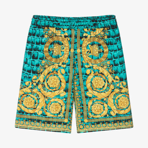 Versace-Boys Blue & Gold Silk Barocco Crocodile Shorts | Childrensalon Outlet
