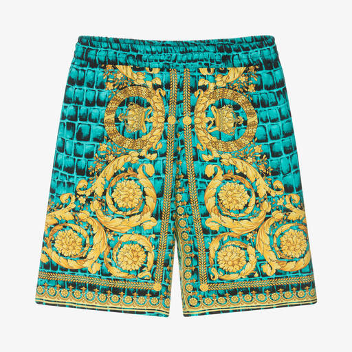 Versace-Short bleu et doré en soie Barocco | Childrensalon Outlet