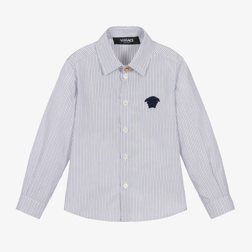 Versace-Boys Blue Striped Cotton Shirt | Childrensalon Outlet