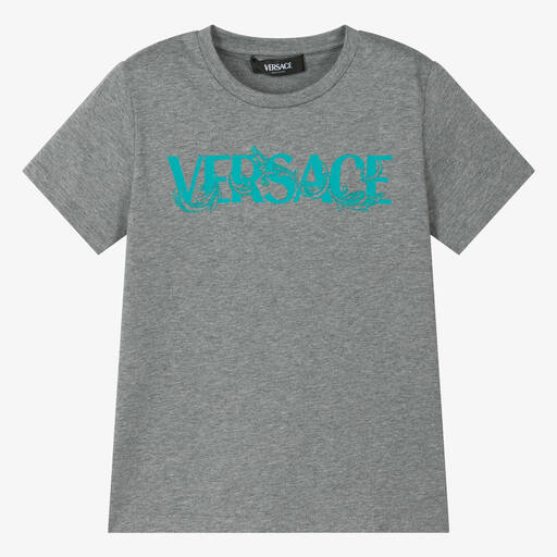 Versace-Boys Grey Marl & Blue Barocco T-Shirt | Childrensalon Outlet