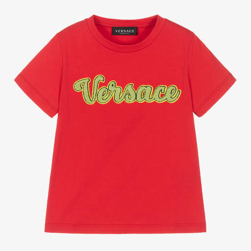 Versace-Boys Red Cotton Logo T-Shirt | Childrensalon Outlet