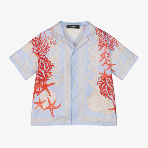 Versace-قميص بطبعة باروك حرير لون أزرق للأولاد | Childrensalon Outlet