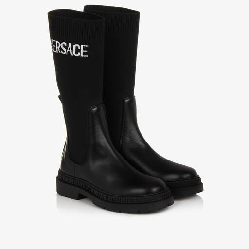 Versace-Girls Black Leather & Knit Greca Boots | Childrensalon Outlet