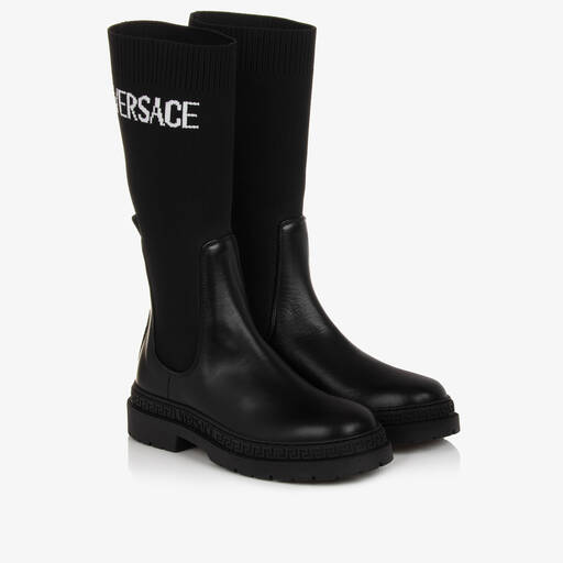 Versace-Schwarze Greca Leder-Strick-Stiefel | Childrensalon Outlet