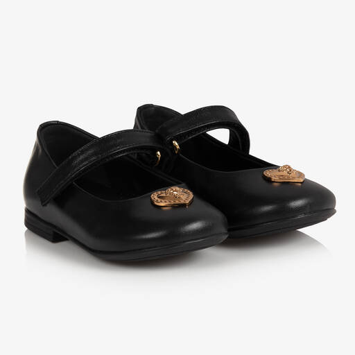 Versace-Girls Black Leather Medusa Ballerina Pumps | Childrensalon Outlet