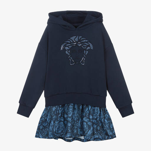 Versace-فستان سويتشيرت قطن وساتان تويل لون أزرق | Childrensalon Outlet