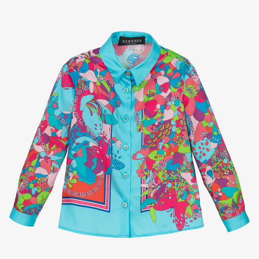 Versace-بلوز لون أزرق تركواز بطبعة ورود للبنات | Childrensalon Outlet