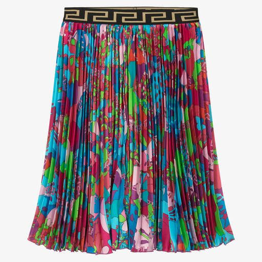 Versace-تنورة بطبعة ورود ساتان بكسرات لون أزرق | Childrensalon Outlet