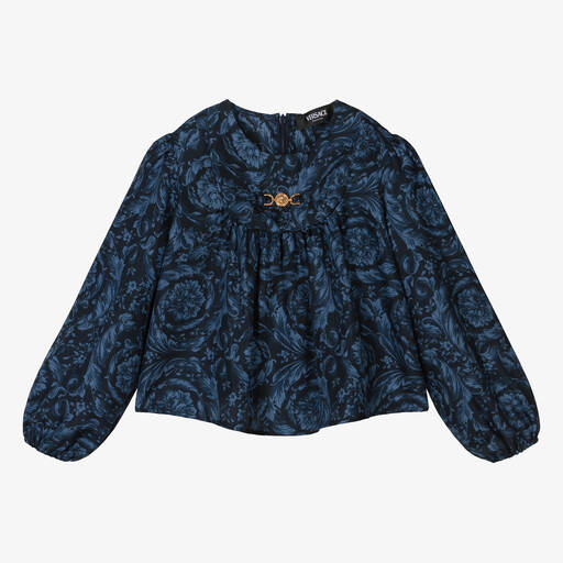 Versace-بلوز حرير لون كحلي بطبعة باروك للبنات | Childrensalon Outlet