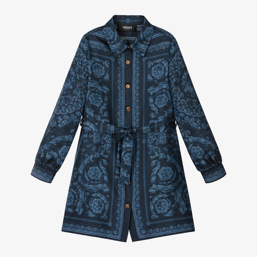Versace-فستان قميص حرير لون أزرق بطبعة باروك | Childrensalon Outlet