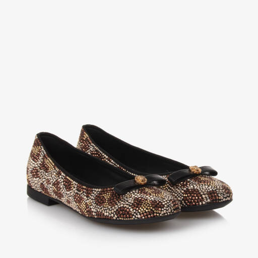 Versace-Girls Brown Leopard Ballerina Flats | Childrensalon Outlet