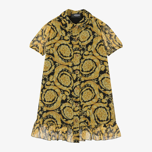 Versace-فستان قميص حرير شيفون لون ذهبي بطبعة باروك | Childrensalon Outlet