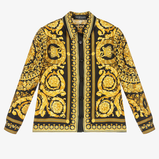 Versace-بلوز حرير تويل لون أسود وذهبي بنقشة باروك | Childrensalon Outlet