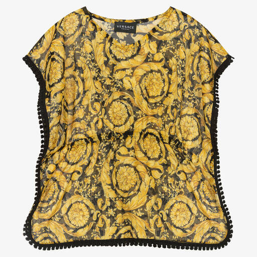 Versace-قفطان قطن وحرير لون ذهبي بنقشة باروك للبنات | Childrensalon Outlet