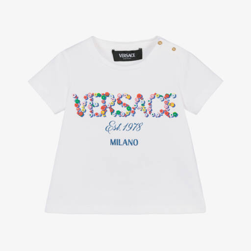 Versace-Кремовая хлопковая футболка с цветочным принтом для девочек | Childrensalon Outlet