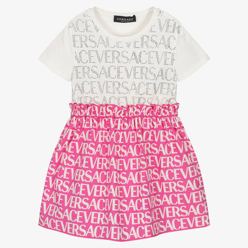 Versace-Girls Ivory & Pink Cotton Dress  | Childrensalon Outlet