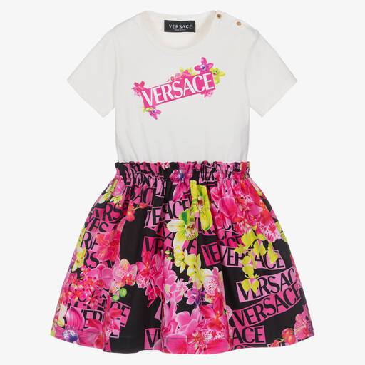 Versace-Girls Ivory & Pink Logo Dress | Childrensalon Outlet