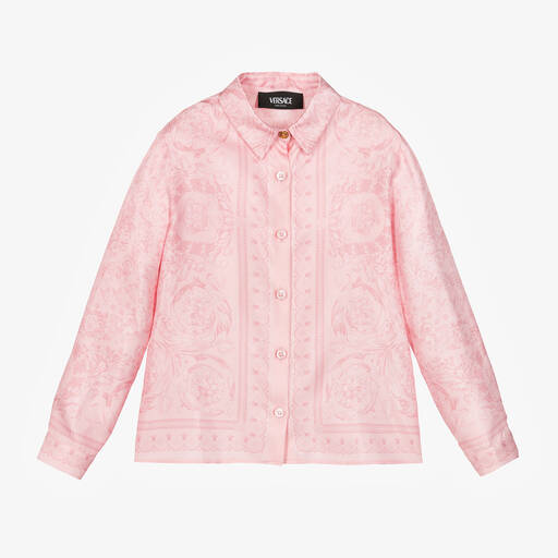 Versace-فستان ساتان تويل لون زهري بطبعة باروك للبنات | Childrensalon Outlet